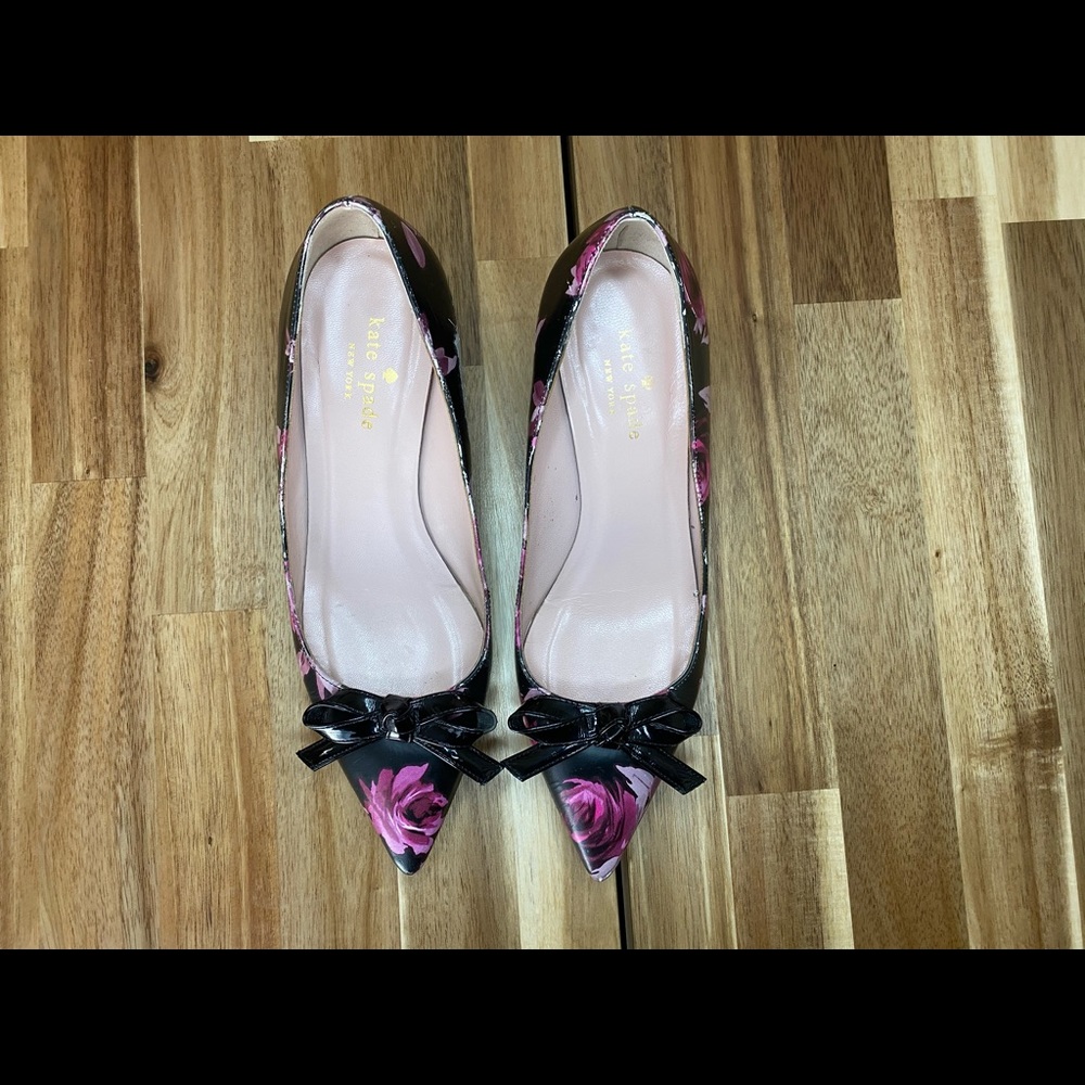 kate spade Black Floral Pointed-Toe Heels with Pink Rose Print